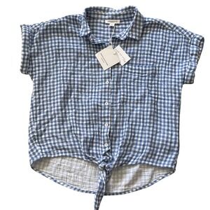 Beachlunchlounge Blue Gingham Cotton Gauze Tie Front Shirt LCT6599 Womens Small